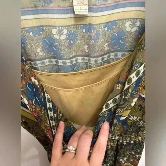 Eyelash Couture dress green floral knee length short sleeve cowl neck size large - Picture 5 of 12